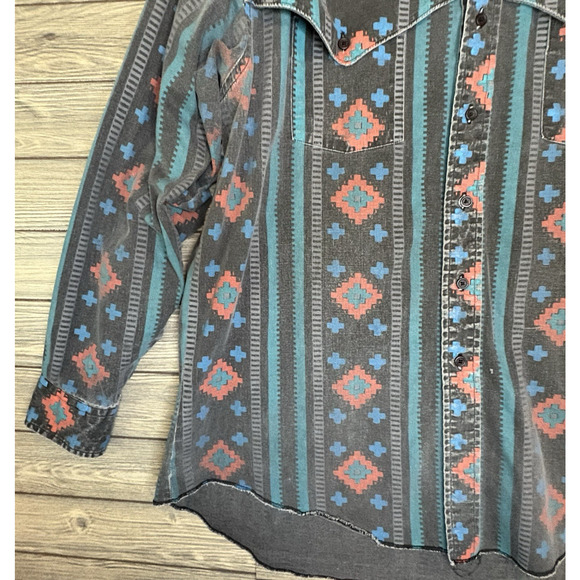 VTG Wrangler Brushpopper Shirt Mens 17.5 X 35 Black Aztec X Long Tail Cowboy XL - Picture 5 of 13